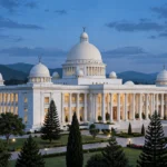 Editorial illustration of the Parliament House of Pakistan in Islamabad at dusk, a white marble building with domes and tall columns, the Pakistani flag flying beside it and warm lights glowing in the windows.