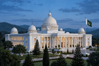 Editorial illustration of the Parliament House of Pakistan in Islamabad at dusk, a white marble building with domes and tall columns, the Pakistani flag flying beside it and warm lights glowing in the windows.