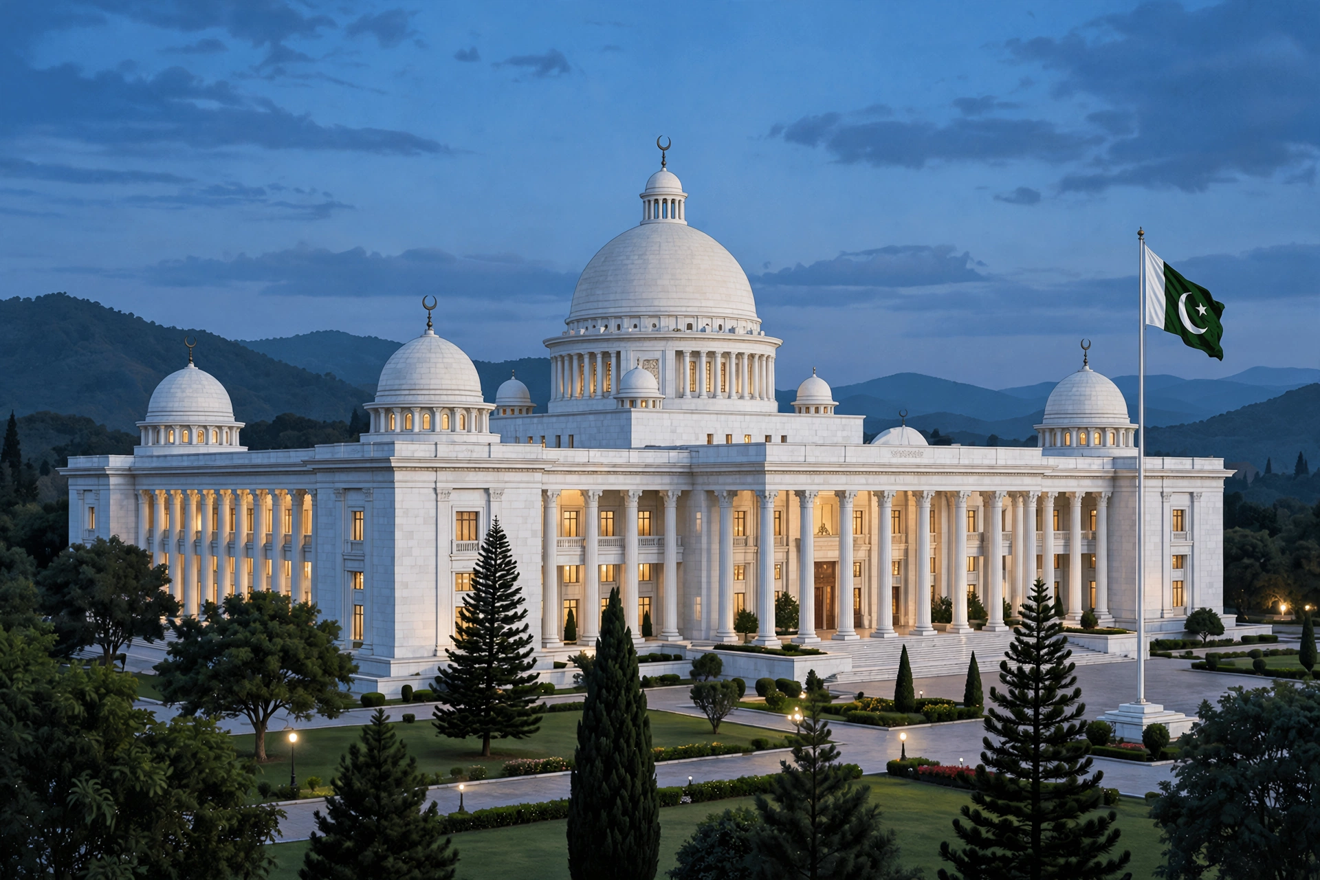 Editorial illustration of the Parliament House of Pakistan in Islamabad at dusk, a white marble building with domes and tall columns, the Pakistani flag flying beside it and warm lights glowing in the windows.