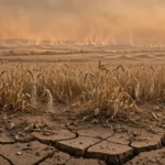 Editorial illustration of cracked dry farmland and a parched wheat field under a hazy orange sky, symbolising the drought risk a strong El Nino poses to Pakistan's crops