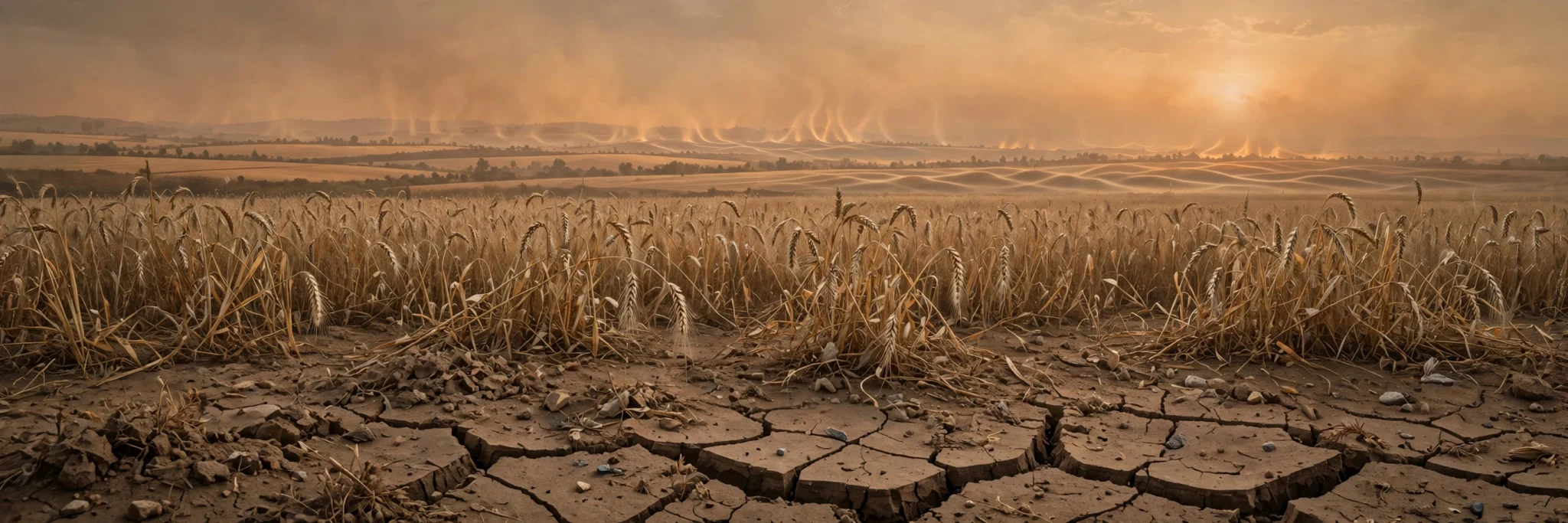 Editorial illustration of cracked dry farmland and a parched wheat field under a hazy orange sky, symbolising the drought risk a strong El Nino poses to Pakistan's crops