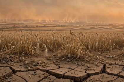 Editorial illustration of cracked dry farmland and a parched wheat field under a hazy orange sky, symbolising the drought risk a strong El Nino poses to Pakistan's crops