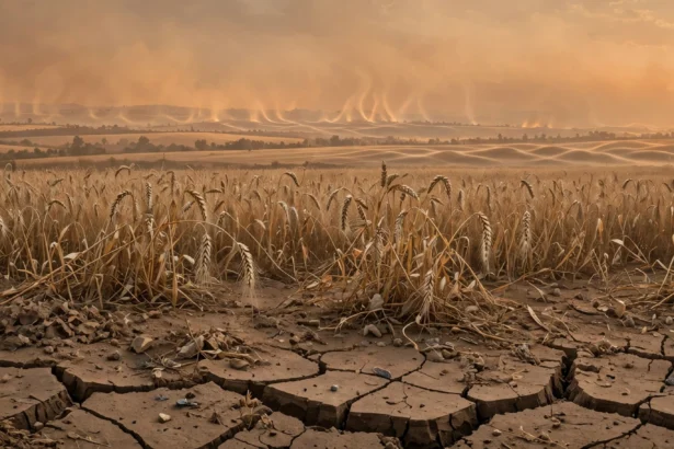 Editorial illustration of cracked dry farmland and a parched wheat field under a hazy orange sky, symbolising the drought risk a strong El Nino poses to Pakistan's crops
