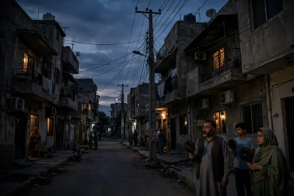 Karachi residential street at night during K-Electric power outage amid RLNG shortage October 2026