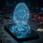 An editorial illustration of a glowing fingerprint hologram over a smartphone with a SIM card beside it on a dark desk, representing biometric SIM-swap fraud, October 2026.