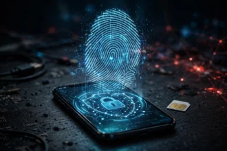 An editorial illustration of a glowing fingerprint hologram over a smartphone with a SIM card beside it on a dark desk, representing biometric SIM-swap fraud, October 2026.