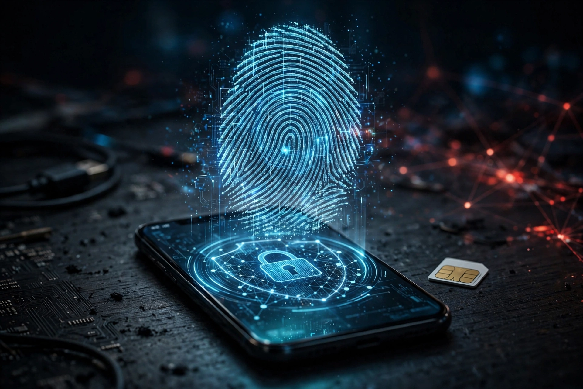 An editorial illustration of a glowing fingerprint hologram over a smartphone with a SIM card beside it on a dark desk, representing biometric SIM-swap fraud, October 2026.