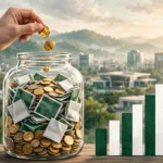Editorial illustration of a hand dropping a gold coin into a glass savings jar filled with coins and banknotes, with a rising bar chart beside it and a blurred Islamabad skyline in the background.