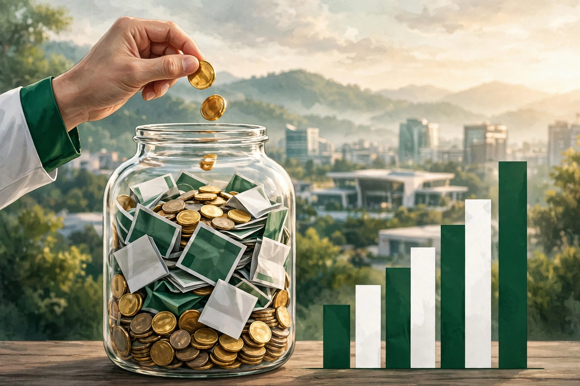 Editorial illustration of a hand dropping a gold coin into a glass savings jar filled with coins and banknotes, with a rising bar chart beside it and a blurred Islamabad skyline in the background.