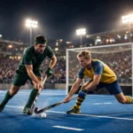 AI-generated editorial illustration of a night-time field hockey match under floodlights: a player in a dark green Pakistan kit striking the ball with his stick against an opponent in a yellow and blue kit, with a goal frame and packed blurred stands in the background.