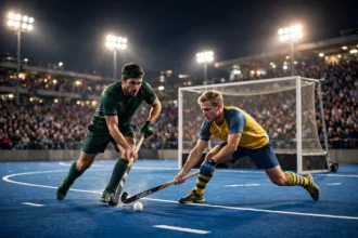 AI-generated editorial illustration of a night-time field hockey match under floodlights: a player in a dark green Pakistan kit striking the ball with his stick against an opponent in a yellow and blue kit, with a goal frame and packed blurred stands in the background.