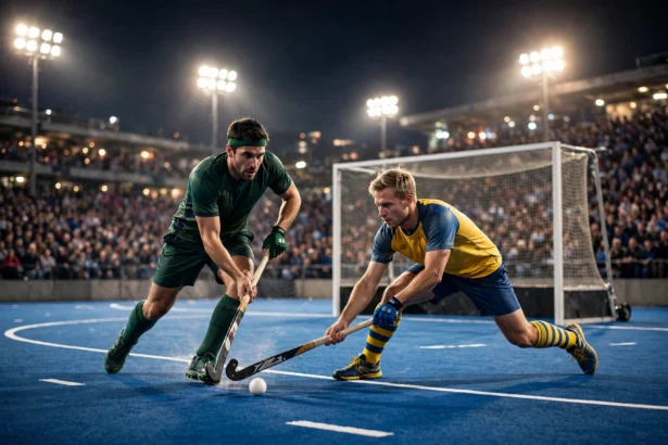 AI-generated editorial illustration of a night-time field hockey match under floodlights: a player in a dark green Pakistan kit striking the ball with his stick against an opponent in a yellow and blue kit, with a goal frame and packed blurred stands in the background.