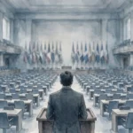 Diplomat seen from behind standing at a podium in a large United Nations style assembly hall with rows of delegate desks and blurred national flags behind him
