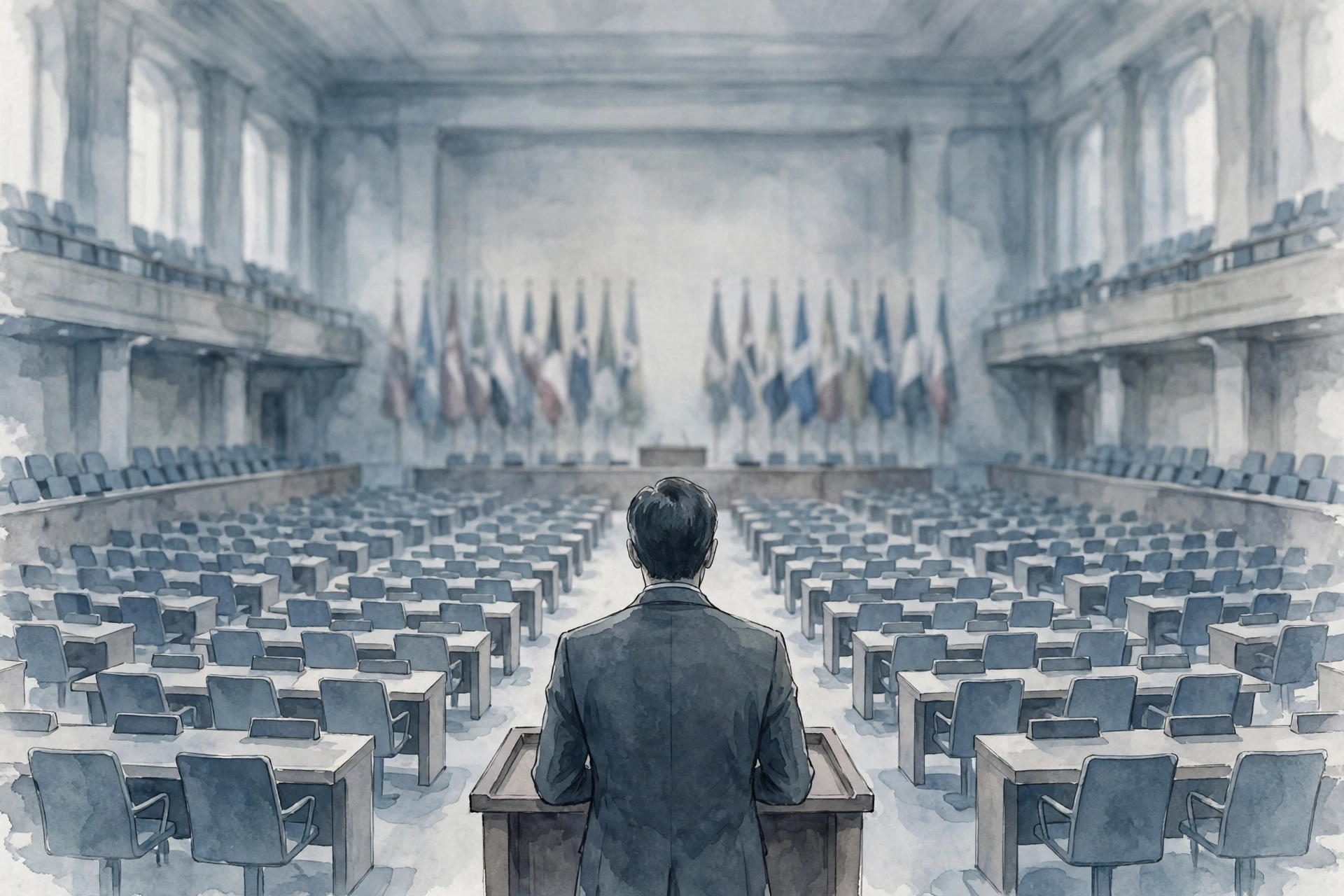 Diplomat seen from behind standing at a podium in a large United Nations style assembly hall with rows of delegate desks and blurred national flags behind him