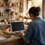 Small shop owner working on a laptop at a wooden shop counter with shelves of stock behind her