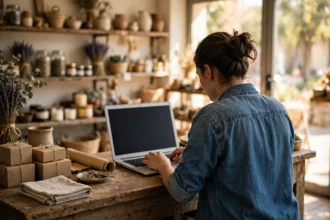 Small shop owner working on a laptop at a wooden shop counter with shelves of stock behind her