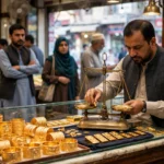 Gold jewellery and bars at a Karachi sarafa market counter as Pakistan gold price reaches Rs442,036 per tola October 2026