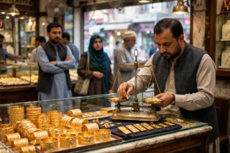 Gold jewellery and bars at a Karachi sarafa market counter as Pakistan gold price reaches Rs442,036 per tola October 2026