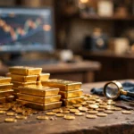 Gold bars and coins on a jeweller's desk with a blurred price chart on a monitor in the background.