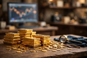 Gold bars and coins on a jeweller's desk with a blurred price chart on a monitor in the background.