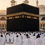 Editorial illustration of Muslim pilgrims in white ihram garments gathered around the Kaaba in Makkah at sunset during Hajj.
