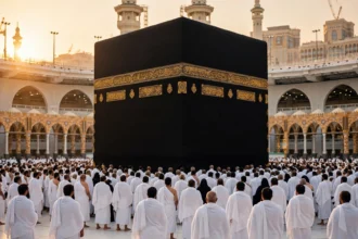 Editorial illustration of Muslim pilgrims in white ihram garments gathered around the Kaaba in Makkah at sunset during Hajj.
