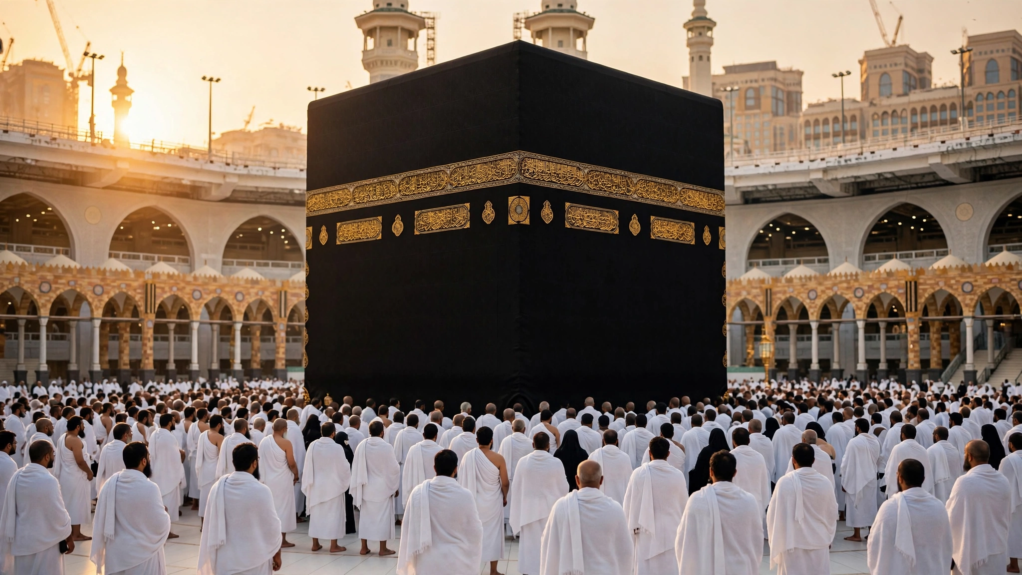 Editorial illustration of Muslim pilgrims in white ihram garments gathered around the Kaaba in Makkah at sunset during Hajj.