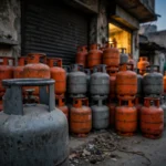 Stacks of orange and grey LPG gas cylinders piled outside a small fuel shop in a Pakistani city at dusk, one grey cylinder prominent in the foreground.