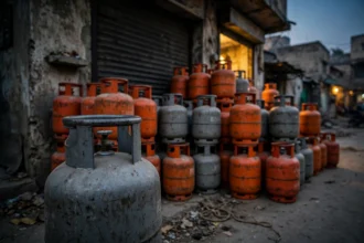 Stacks of orange and grey LPG gas cylinders piled outside a small fuel shop in a Pakistani city at dusk, one grey cylinder prominent in the foreground.