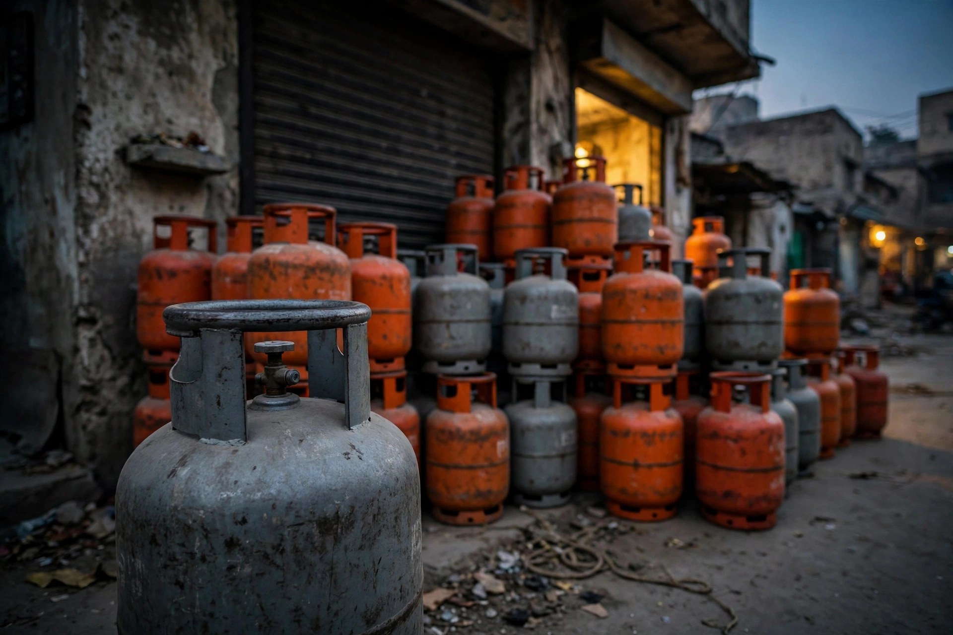 Stacks of orange and grey LPG gas cylinders piled outside a small fuel shop in a Pakistani city at dusk, one grey cylinder prominent in the foreground.