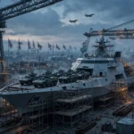 Editorial illustration of a modern naval corvette under construction in a shipyard at dusk, with gantry cranes, military jets flying in the distance, armoured military vehicles on deck, and blurred national flags in the background.