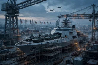Editorial illustration of a modern naval corvette under construction in a shipyard at dusk, with gantry cranes, military jets flying in the distance, armoured military vehicles on deck, and blurred national flags in the background.