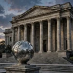 Neoclassical stone building with tall columns and wide steps, a large polished metallic globe sculpture on a pedestal in the foreground, flagpoles beside it, under a dusky sky, October 2026