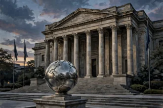Neoclassical stone building with tall columns and wide steps, a large polished metallic globe sculpture on a pedestal in the foreground, flagpoles beside it, under a dusky sky, October 2026