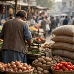 A shopkeeper weighing vegetables at a busy urban market stall beside stacked flour sacks in Pakistan