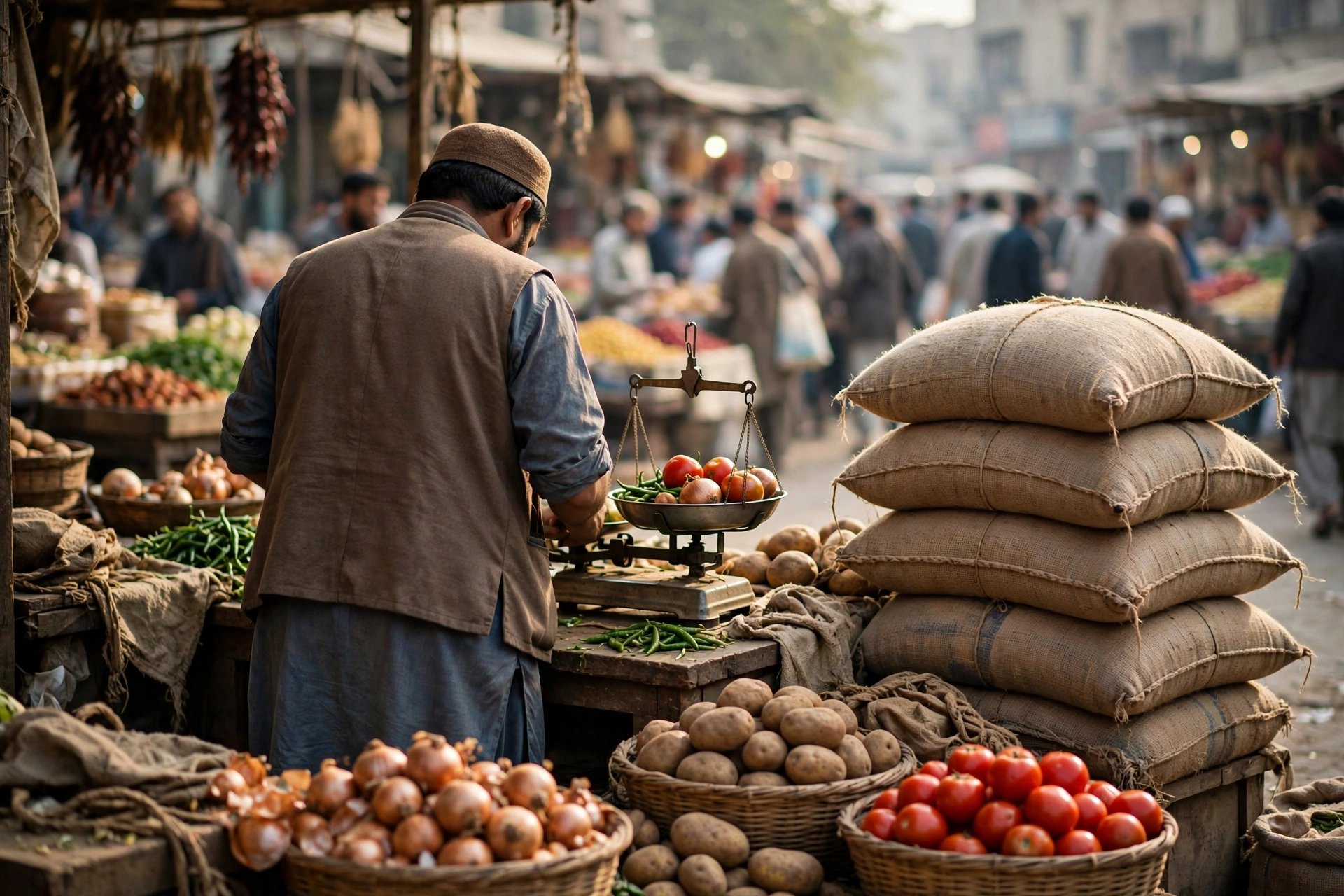 A shopkeeper weighing vegetables at a busy urban market stall beside stacked flour sacks in Pakistan