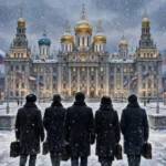 Delegation seen from behind walking toward a grand Moscow building with golden onion domes in falling snow at dusk