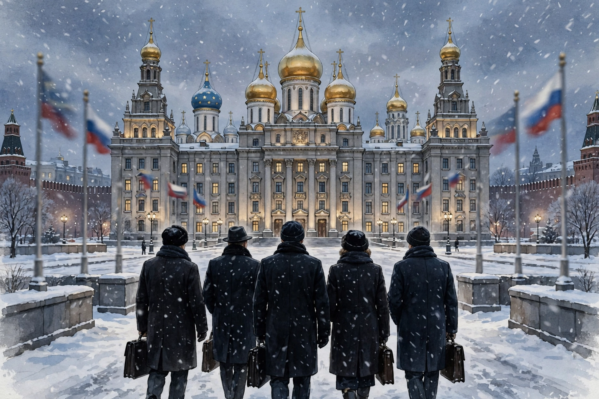 Delegation seen from behind walking toward a grand Moscow building with golden onion domes in falling snow at dusk
