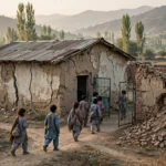 Editorial illustration of a dilapidated government primary school building in rural Khyber Pakhtunkhwa with cracked walls, a damaged brick boundary wall and schoolchildren walking in at morning light.