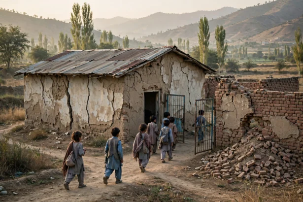 Editorial illustration of a dilapidated government primary school building in rural Khyber Pakhtunkhwa with cracked walls, a damaged brick boundary wall and schoolchildren walking in at morning light.