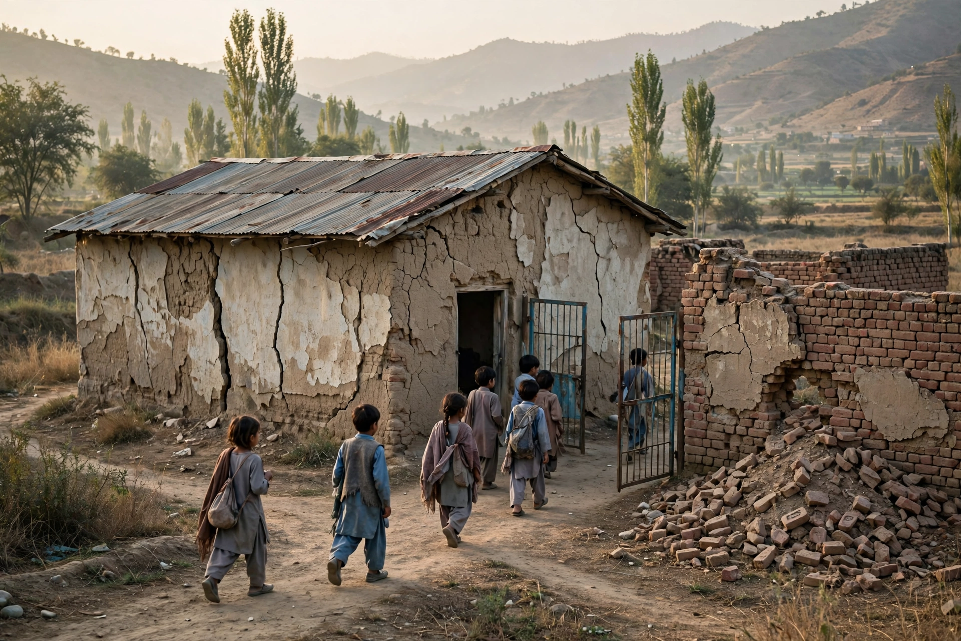 Editorial illustration of a dilapidated government primary school building in rural Khyber Pakhtunkhwa with cracked walls, a damaged brick boundary wall and schoolchildren walking in at morning light.