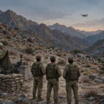Three security personnel seen from behind at a sandbagged mountain check-post watching a small drone in the evening sky