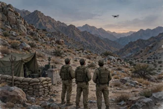 Three security personnel seen from behind at a sandbagged mountain check-post watching a small drone in the evening sky