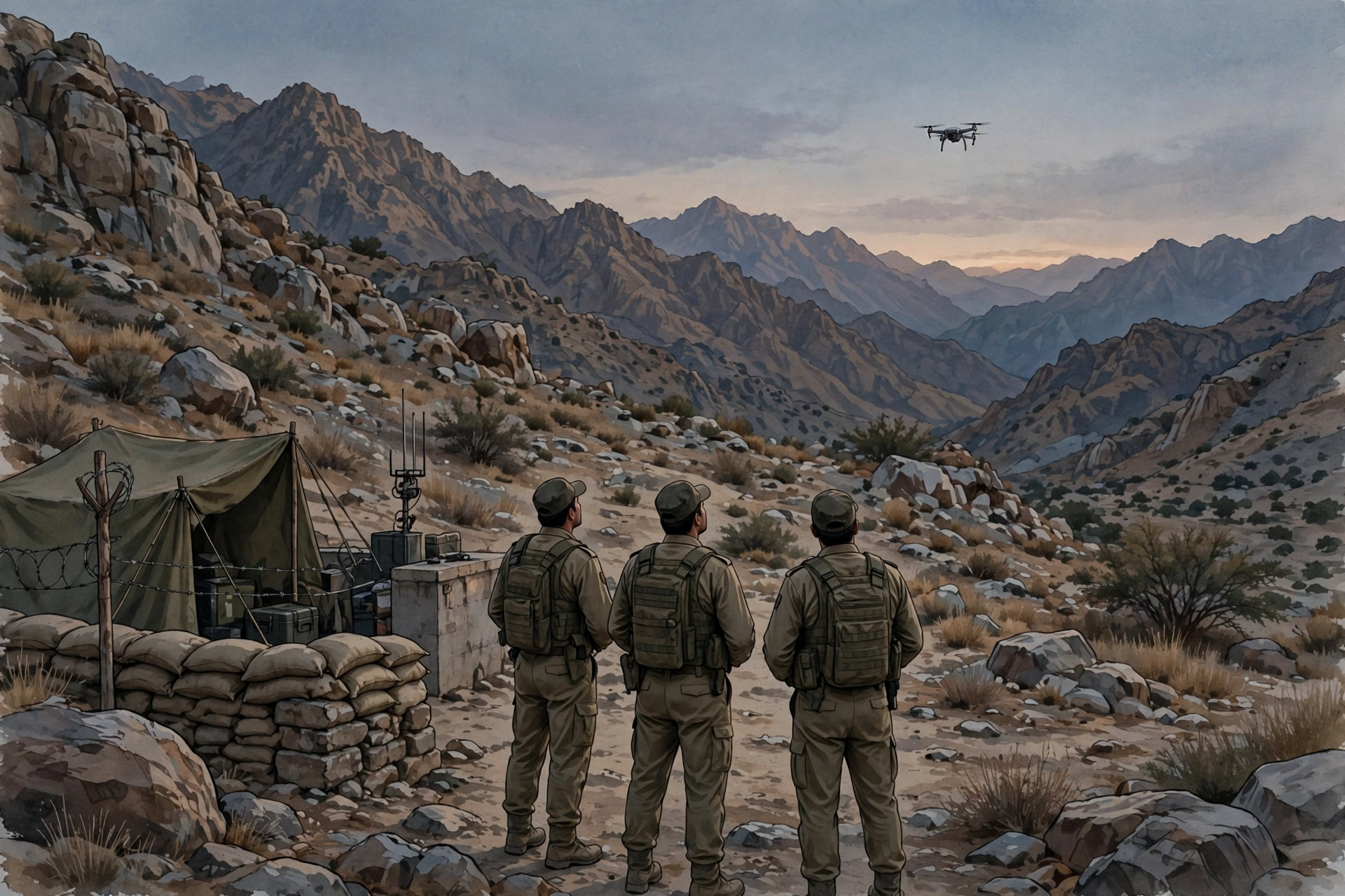 Three security personnel seen from behind at a sandbagged mountain check-post watching a small drone in the evening sky