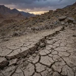 An editorial illustration of cracked dry earth with a fault line fissure, loose boulders on a rugged mountainside and mud-brick village houses in the distance under a dusky sky in Balochistan, October 2026