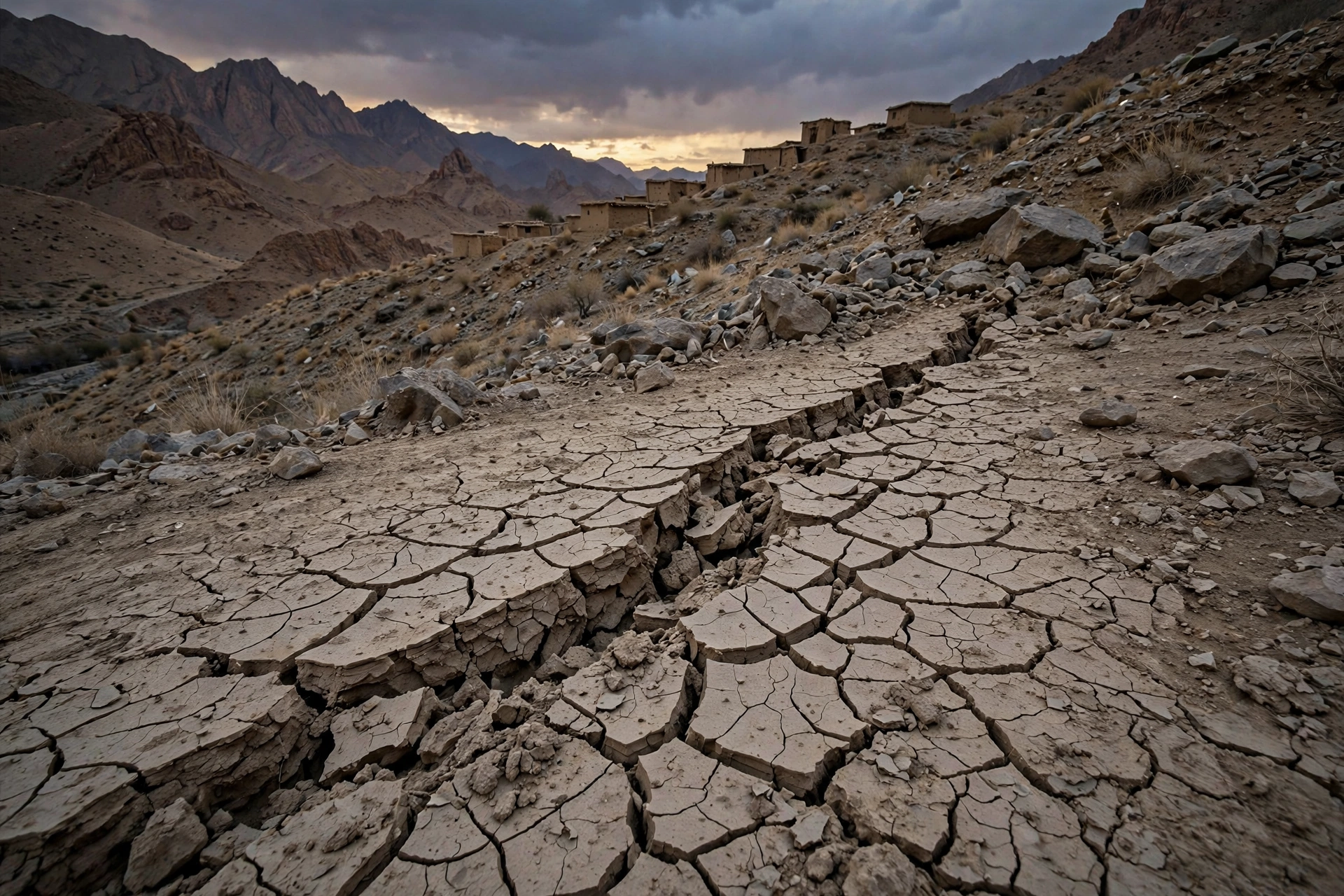 An editorial illustration of cracked dry earth with a fault line fissure, loose boulders on a rugged mountainside and mud-brick village houses in the distance under a dusky sky in Balochistan, October 2026