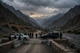 AI-generated editorial illustration of a police checkpoint with patrol vehicles and armed security personnel in a rugged mountain valley at dusk in North Waziristan, Pakistan