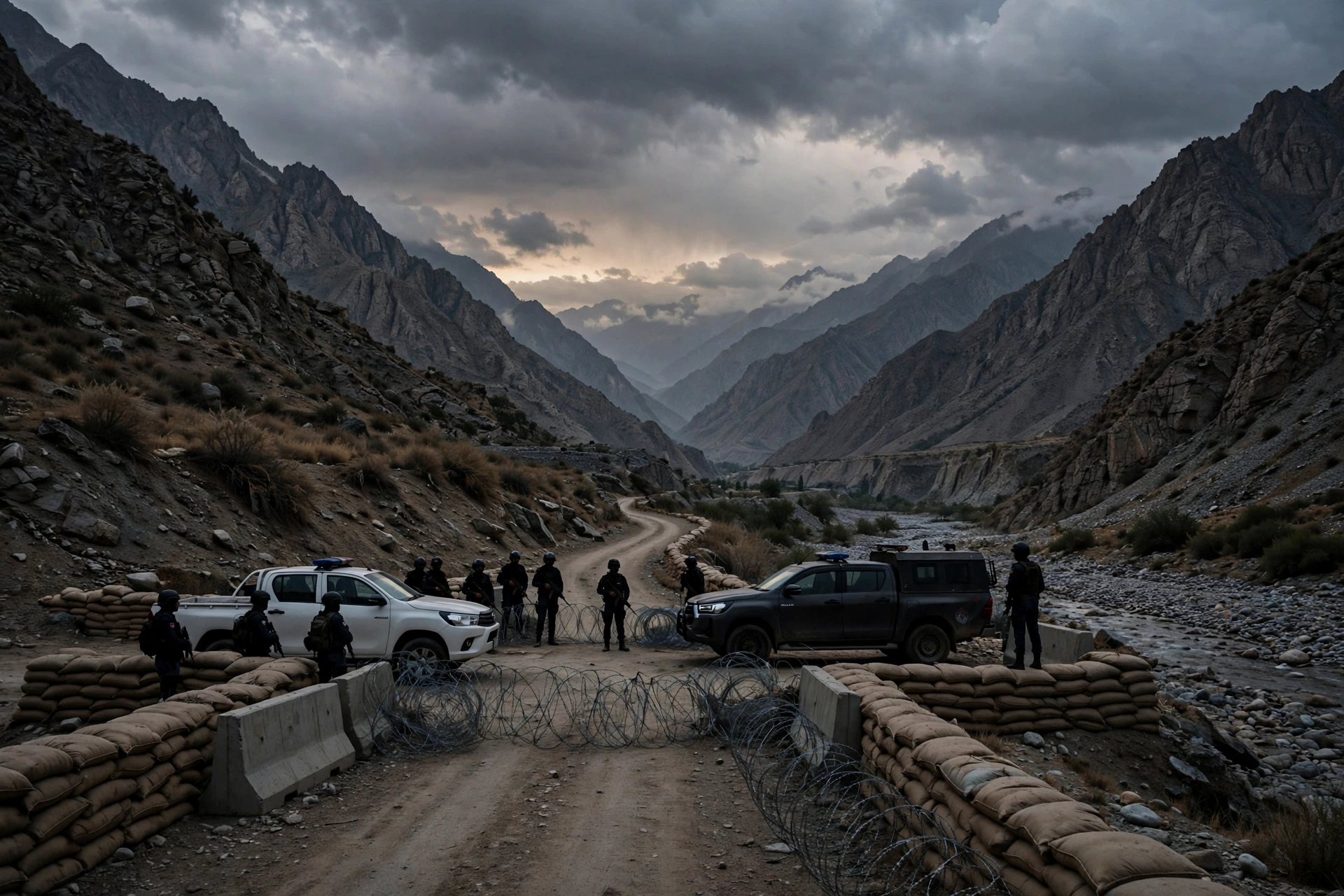 AI-generated editorial illustration of a police checkpoint with patrol vehicles and armed security personnel in a rugged mountain valley at dusk in North Waziristan, Pakistan