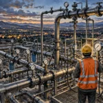 Worker seen from behind in a yellow hard hat and orange safety vest checking pressure gauges on large steel natural gas pipelines at a station at dusk, with city lights in the distance