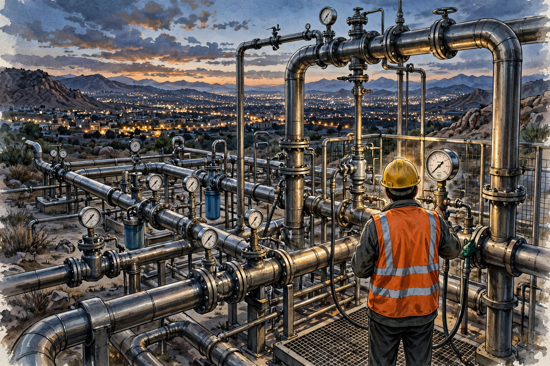 Worker seen from behind in a yellow hard hat and orange safety vest checking pressure gauges on large steel natural gas pipelines at a station at dusk, with city lights in the distance